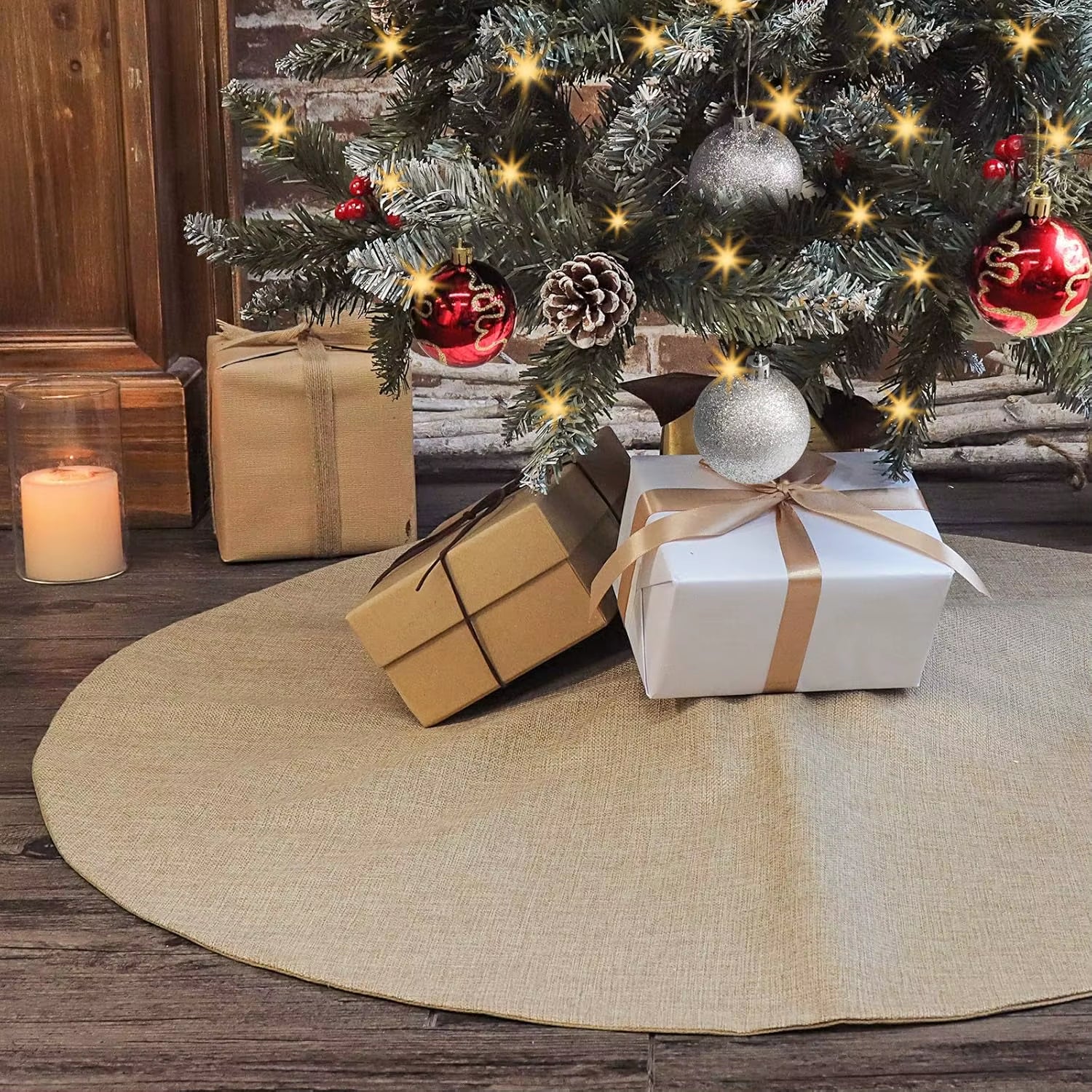 90/120Cm Christmas Tree Skirt Burlap Fall Tree Skirt,Rustic Farmhouse Jute Xmas Tree Skirt for Fall Farmhouse Thanksgiving Decor