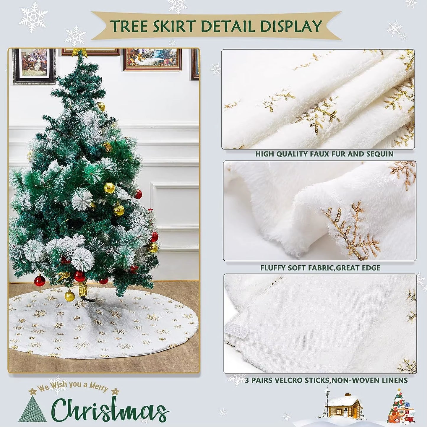78/90/122 CM Christmas Tree Skirt White Faux Fur Xmas Sequin Carpet Mat Home Party Decorations