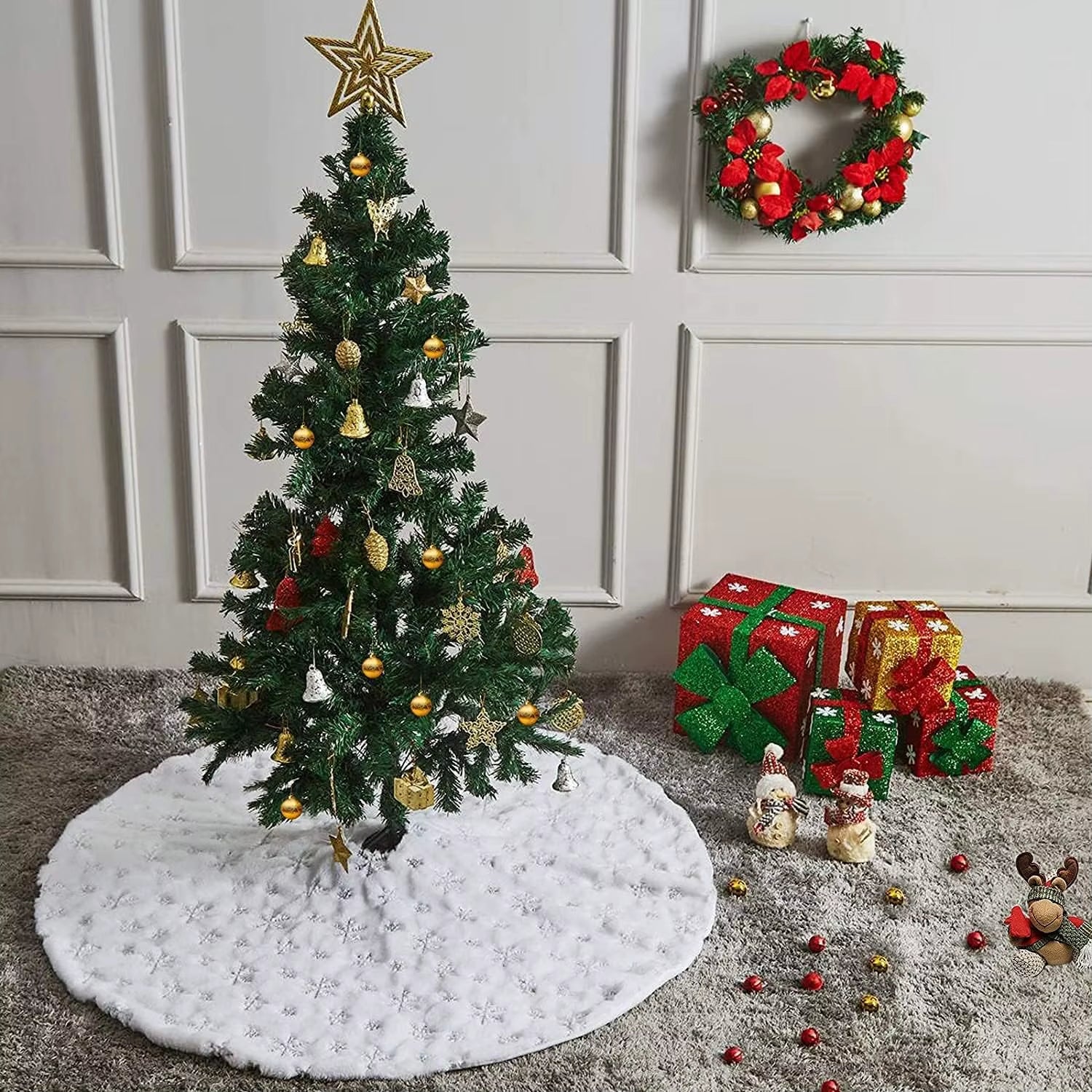 78/90/122 CM Christmas Tree Skirt White Faux Fur Xmas Sequin Carpet Mat Home Party Decorations