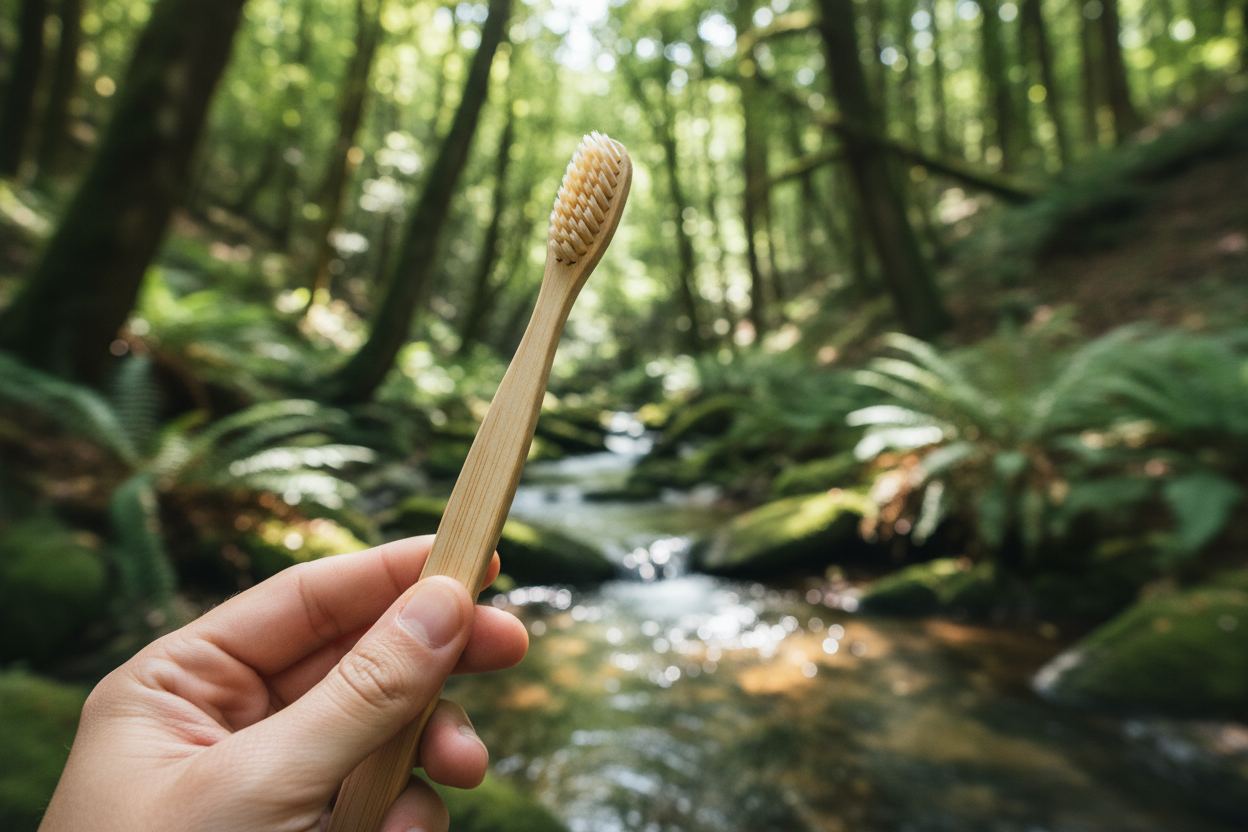 a hand holding a bamboo tooth brush, background setting is green woods with a stream 