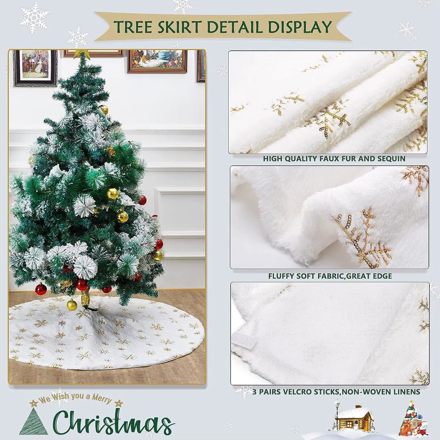 78/90/122 CM Christmas Tree Skirt White Faux Fur Xmas Sequin Carpet Mat Home Party Decorations