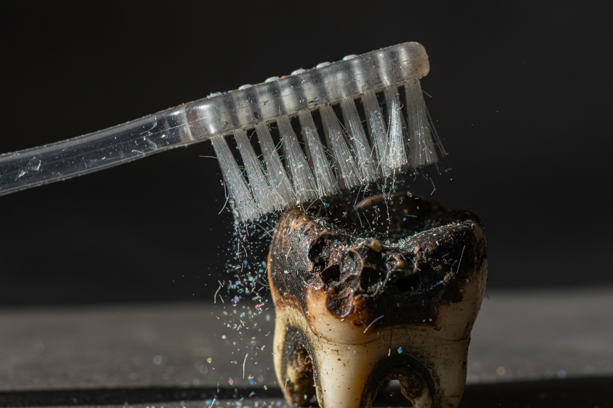 dirty plastic toothbrush shedding microplastics onto a decaying tooth
